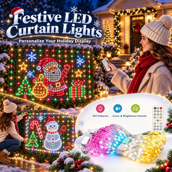 Programmable Smart Curtain Lights, Bluetooth APP Controlled RGB Fairy Backdrop Light, Custom Text & GIF Animation Effects, For Christmas Curtain Lights Halloween Curtain Lights Christmas Decorations