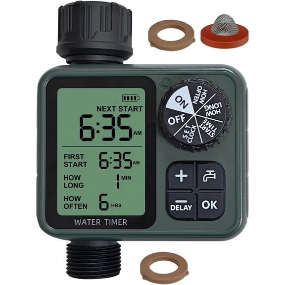 Programmable Water Timer for Garden Hose, Outdoor Sprinkler Timer with Rain Delay & Manual Mode,Inlaid Brass Connector Irrigation Controller for Lawn Yard Landscape, 1 Outlet Large LCD Display