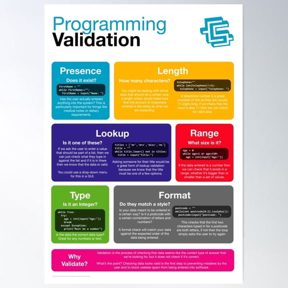 Programming Validation (Coding Literacy) New 2019 Python Poster Wall Art, Modern Wall Decor For Living Room Bedroom, 8x12 UNFRAMED