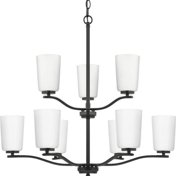 Progress Lighting Adley 9-Light Double-Tiered Chandelier, Steel, Matte Black, Etched White Glass Shades