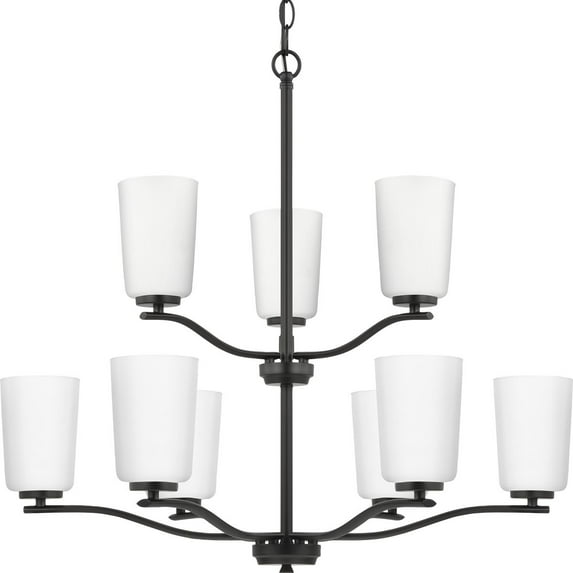 Progress Lighting Adley 9-Light Double-Tiered Chandelier, Steel, Matte Black, Etched White Glass Shades