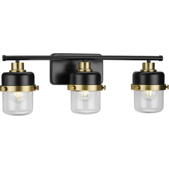 Progress Lighting Beckner 3-Light Vanity Light, Matte Black, Industrial Shades