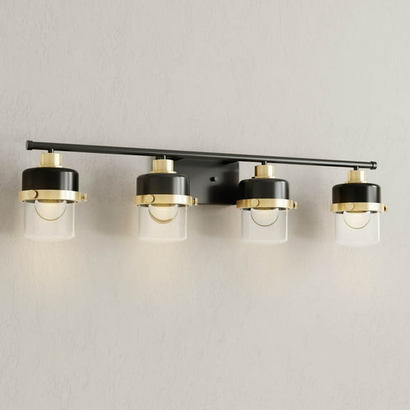 Beckner Collection Four-Light Matte Black Clear Glass Urban Industrial Bath Light with Vintage Brass Accents