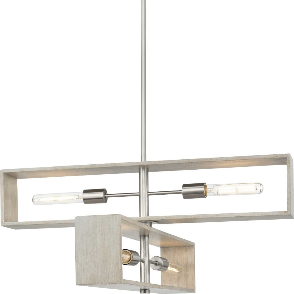 Boundary 4-Light Brushed Nickel and Oak Geometric Chandelier