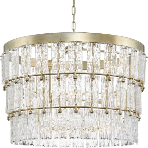 Progress Lighting Chevall 9-Light Chandelier, Gilded Silver, Artisanal Glass, Modern Organic, Luxe, Transitional.