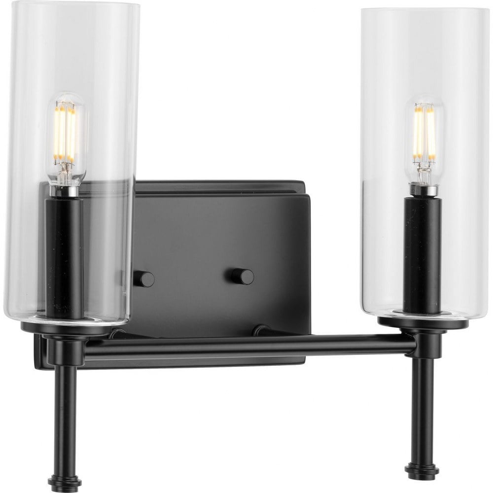 Matte Black 2-Light Cylinder Wall Sconce with Clear Glass Shades
