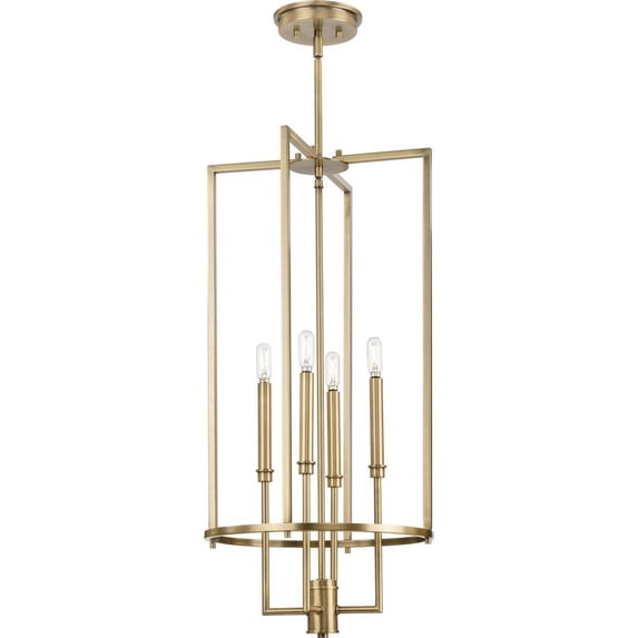 Progress Lighting Elara 4-Light Foyer Pendant, Vintage Brass, Open Frame, Candelabra Bases, Geometric Styling