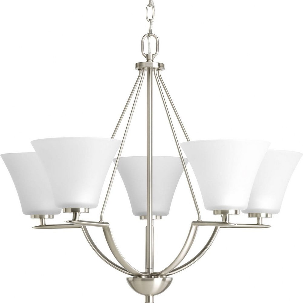 Bravo 5-Light Brushed Nickel Chandelier with White Etched Glass Shades