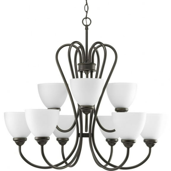 Progress Lighting, Heart Collection, 9-Light Chandelier, Antique Bronze, Etched Glass Shades