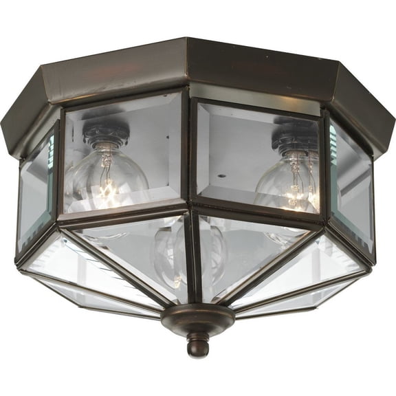 Open Box Progress Lighting, Hide-a-lite Iii, 3-Light Flush Mount, Antique Bronze, Clear Beveled Glass, Brass Material