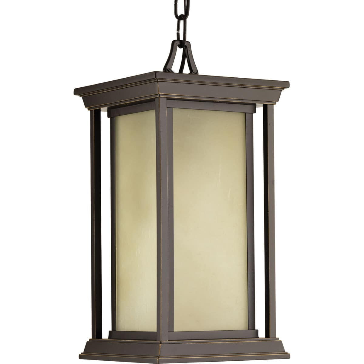 Antique Bronze Indoor/Outdoor Hanging Lantern with Linen Glass Shade