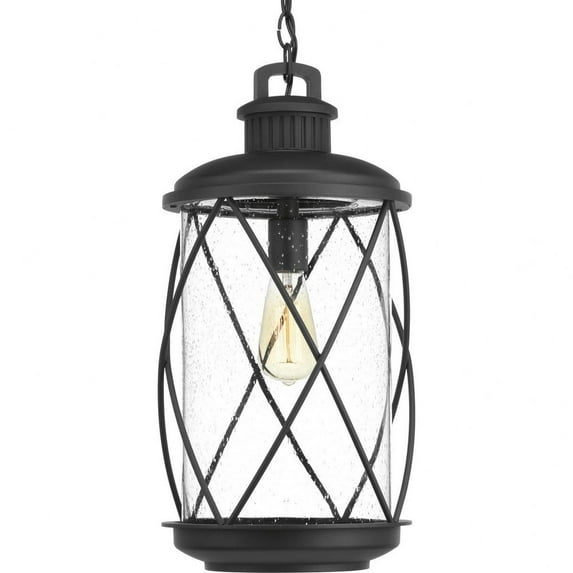 Progress Lighting Hollingsworth 1-Light Outdoor Black Hanging Lantern with Clear Seeded Glass