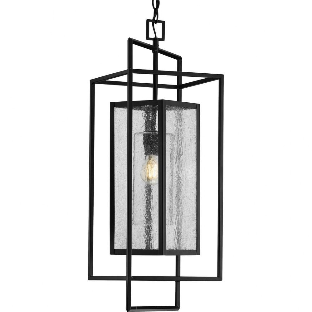 Matte Black Seeded Glass Outdoor Hanging Pendant Light