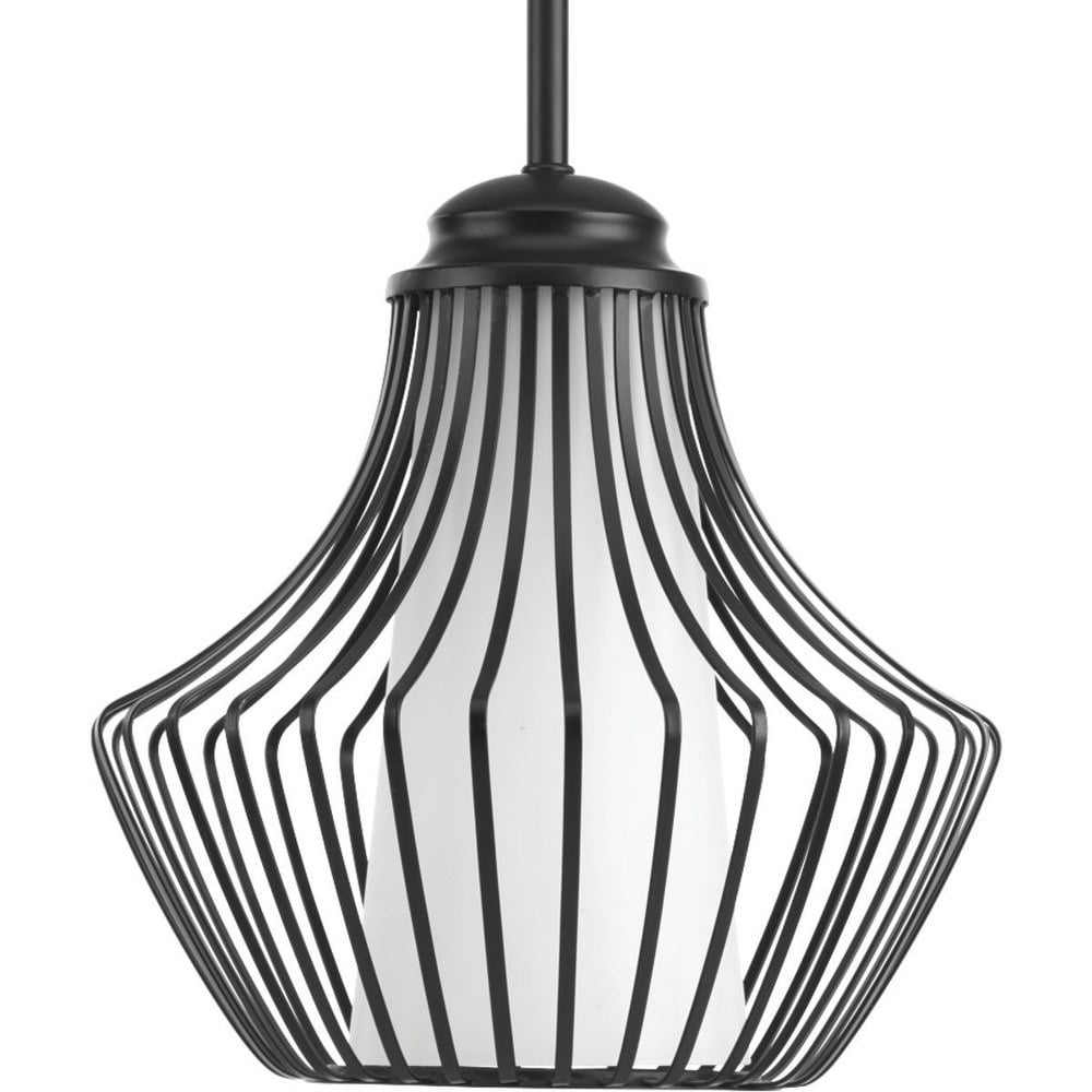 Finn Matte Black and Etched White Glass Pendant Light