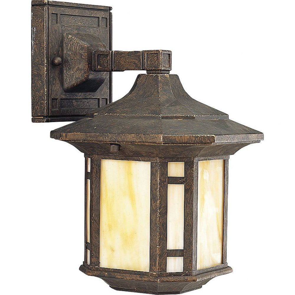 Weathered Bronze Outdoor Wall Lantern with Honey Art Glass