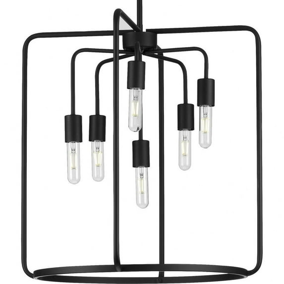 Progress Lighting, Bonn Collection, 6-Light Pendant, Matte Black, Open-Cage, Steel, Industrial Vintage Vibes