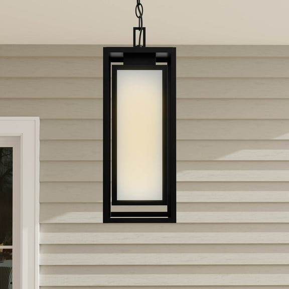 Unison Collection One-Light Matte Black Etched Seeded Glass Contemporary Hanging Lantern