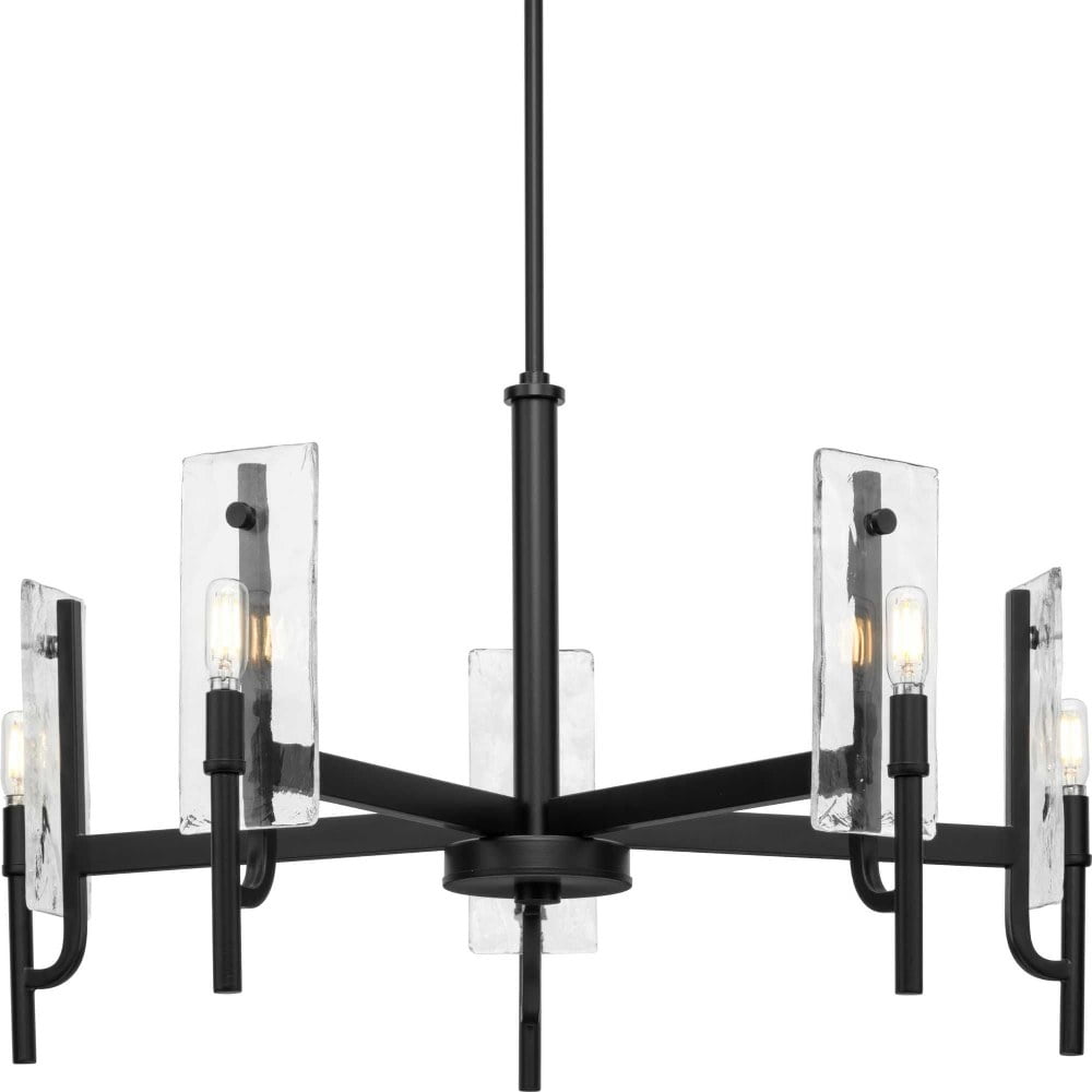 Matte Black 5-Light Chandelier with Clear Textured Glass