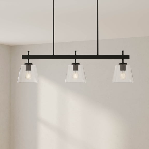 Progress Lighting Saffert 3-Light Linear Chandelier, Matte Black, Clear Glass Shades