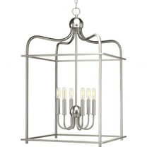 Progress Lighting, Assembly Hall, 6-Light Foyer Pendant, Brushed Nickel, Open Caged, Steel, 20" Width, 32.75" Height