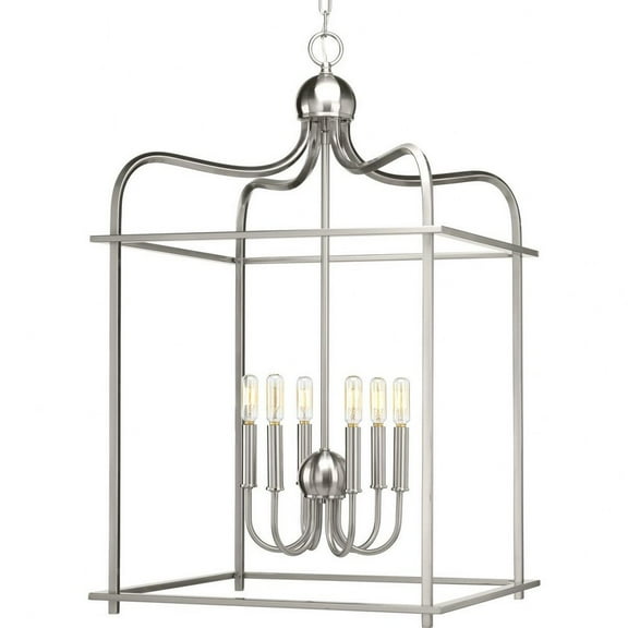 Progress Lighting, Assembly Hall, 6-Light Foyer Pendant, Brushed Nickel, Open Caged, Steel, 20" Width, 32.75" Height