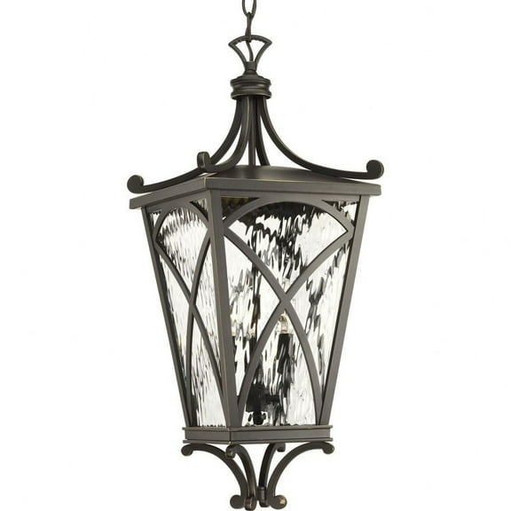 Progress Lighting, Cadence, 3-Light Hanging Lantern, Oil Rubbed Bronze, Clear Water Glass Panels
