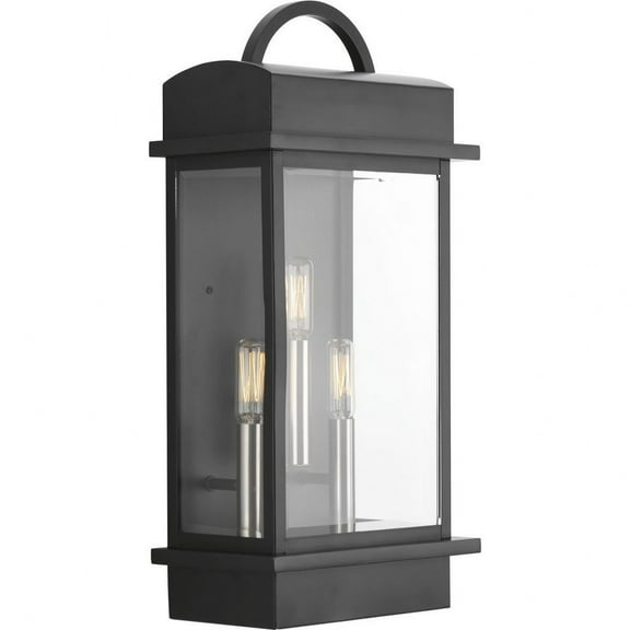 Progress Lighting Santee 3-Light Outdoor Wall Lantern in Black Steel with Beveled Glass Shade