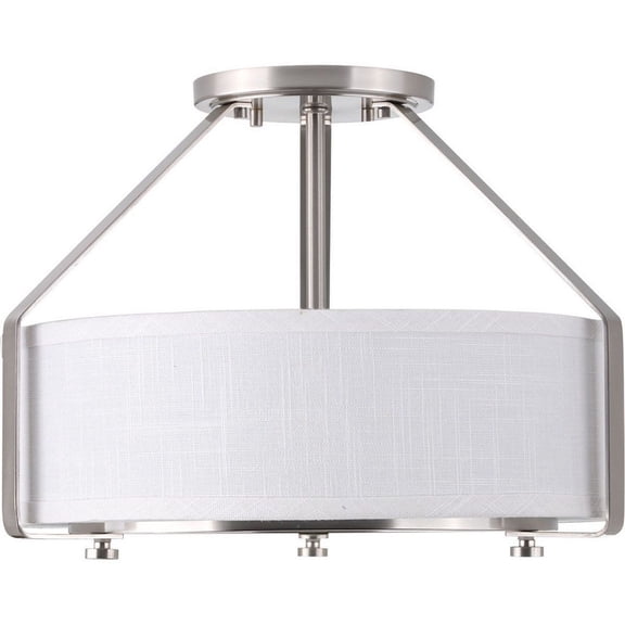 Progress Lighting, Ratio Collection, 3-Light Semi-Flush, Brushed Nickel, White Linen Drum Shade