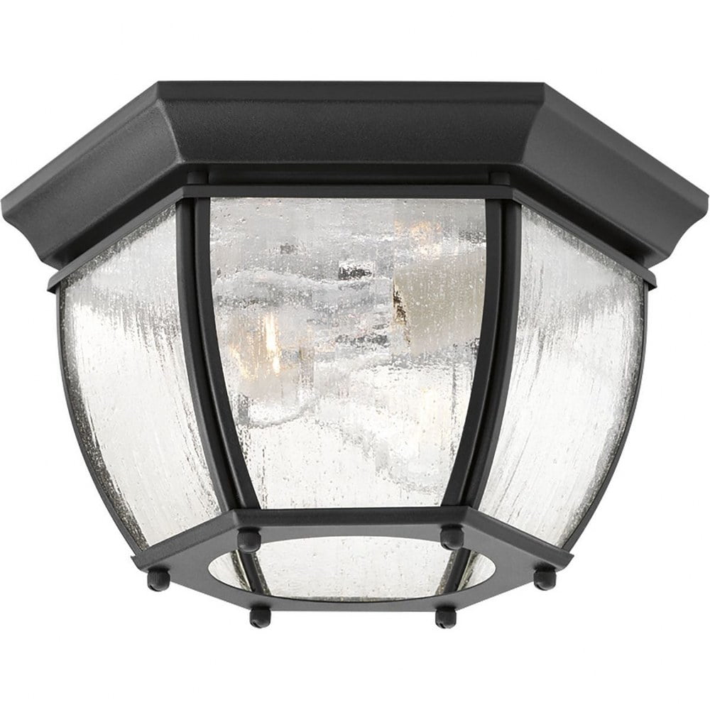 Roman Coach Textured Black 2-Light Flush Mount with Seeded Glass
