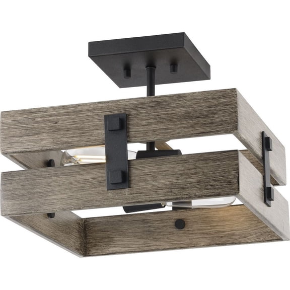 Progress Lighting, Hemsworth, 2-Light Semi-Flush Mount, Black Finish, Faux Aged Oak Shade