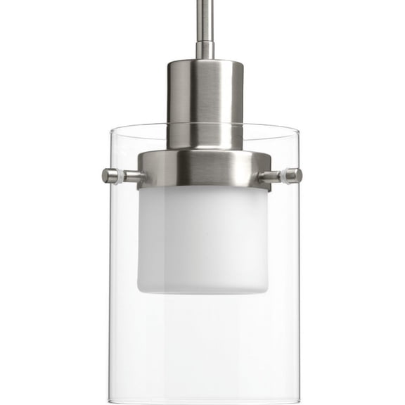 Progress Lighting Moderna 1-Light Pendant, Brushed Nickel, Clear Outer Glass, Etched White Inner Glass