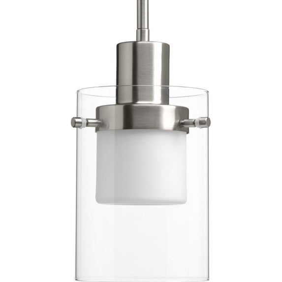 Progress Lighting Moderna 1-Light Pendant, Brushed Nickel, Clear Outer Glass, Etched White Inner Glass