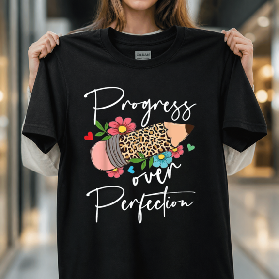 Progress Over Perfection Leopard Pencil Motivational Teacher Inspirational Unisex T-Shirt_pixian_ai, S-5XL