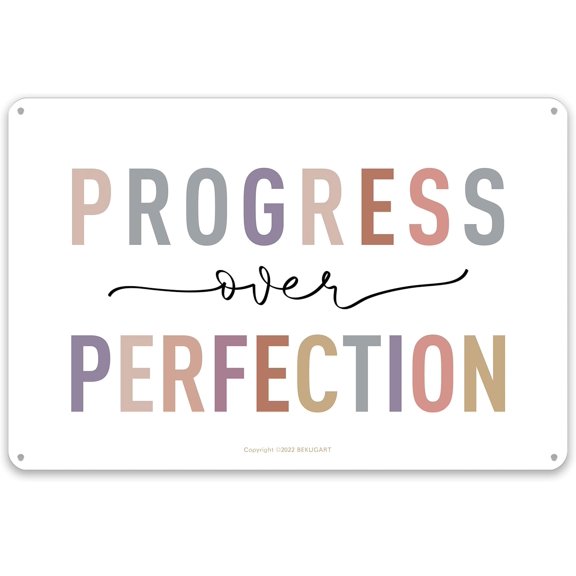 Progress Over Perfection Metal Wall Art - Boho Classroom Decor - Motivational Quote Poster for Kids Room Office - 12x8 in