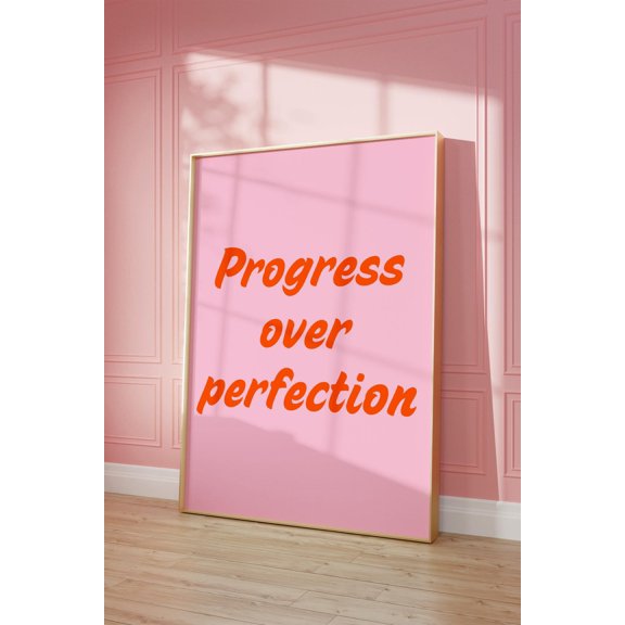 Progress Over Perfection Quote Poster Bright Orange Pink Inspirational Home Office Self Love, Unframed Paper Poster 8x10in
