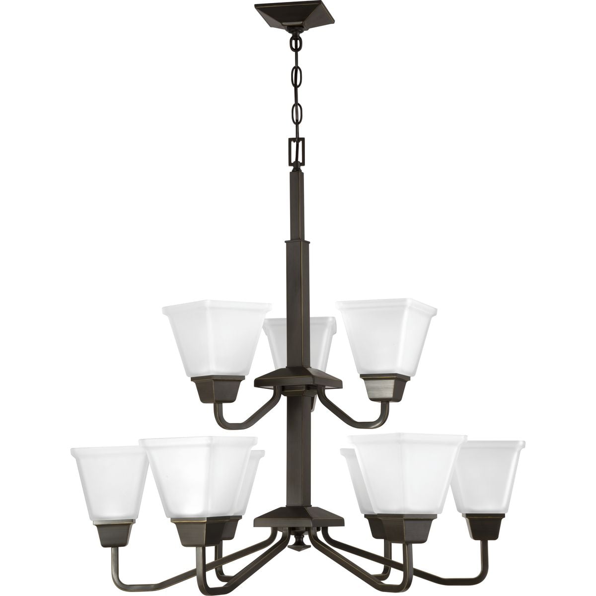 Antique Bronze Nine-Light Chandelier with Etched Glass Shades