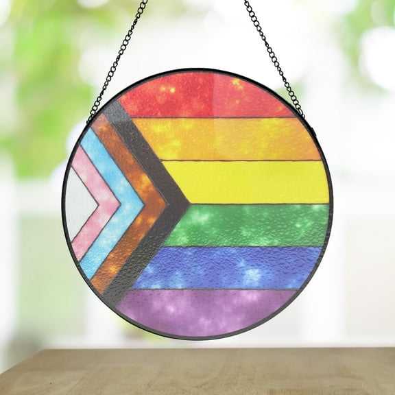 Progress Pride Flag Round Stained Glass Suncatcher - LGBTQ Window Art, Gay Pride Decor, June Gift, Handmade Queer Ornament
