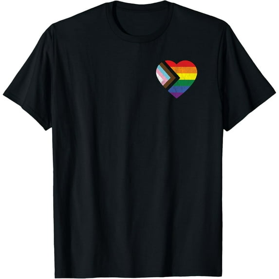 Progress Pride Flag Vintage Rainbow Heart Love LGBT Pocket T-Shirt