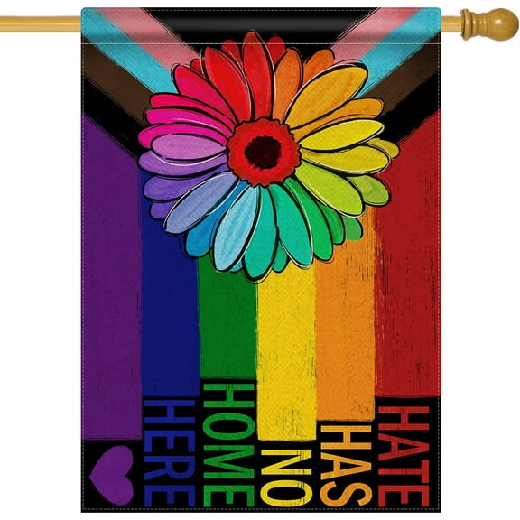 Progress Pride Rainbow Decorative House Flag, LGBTQ Gay Lesbian Transgender Bisexual Garden Yard Outside Pride Month Decorations, Sunflower Hate Has No Home Here Outdoor Large Home Decor 28x40