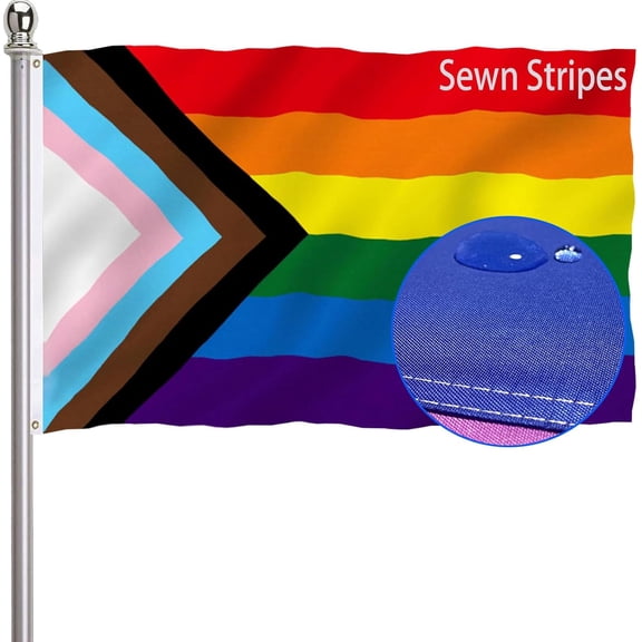 Progress Pride Rainbow Flag 3x5 Outdoor-Sewn Stripes LGBTQ Gay Lesbian Bisexual Transgender All Inlcusive Progressive Pride Rainbow Flag Vivid Color Polyester Flags with 2 Brass Grommets