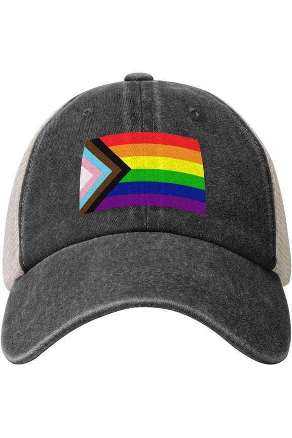 Progress Pride Rainbow LGBT,LGBTQ Transgender Gay Flags Cowboy Hat Men Vintage Mesh Baseball Cap Women Sun Hat Black