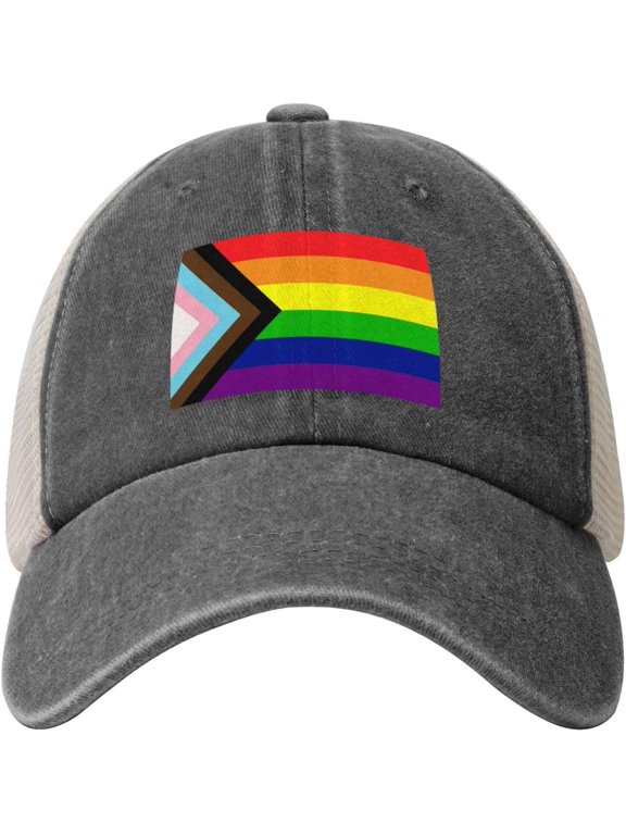 Progress Pride Rainbow LGBT,LGBTQ Transgender Gay Flags Cowboy Hat Vintage Mesh Baseball Cap Women Men Dad Hat Black