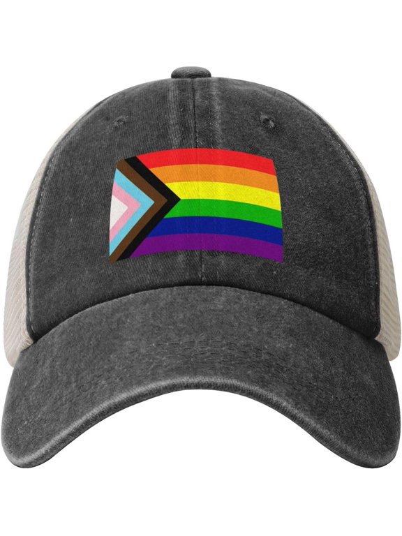 Progress Pride Rainbow LGBT,LGBTQ Transgender Gay Flags Cowboy Hat Vintage Mesh Baseball Cap Women Men Dad Hat Black