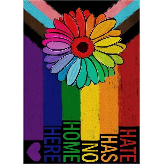 Progress Pride Rainbow Sunflower Decorative Garden Flag, LGBTQ Gay Lesbian Bisexual Pansexual Yard Outside Pride Month Decorations, Hate Has No Home Here Outdoor Small Home Decor 12 x 18