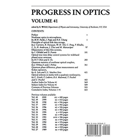 Pre-Owned Progress in Optics Progress in Optics: Volume 41, Book 41, (Hardcover)