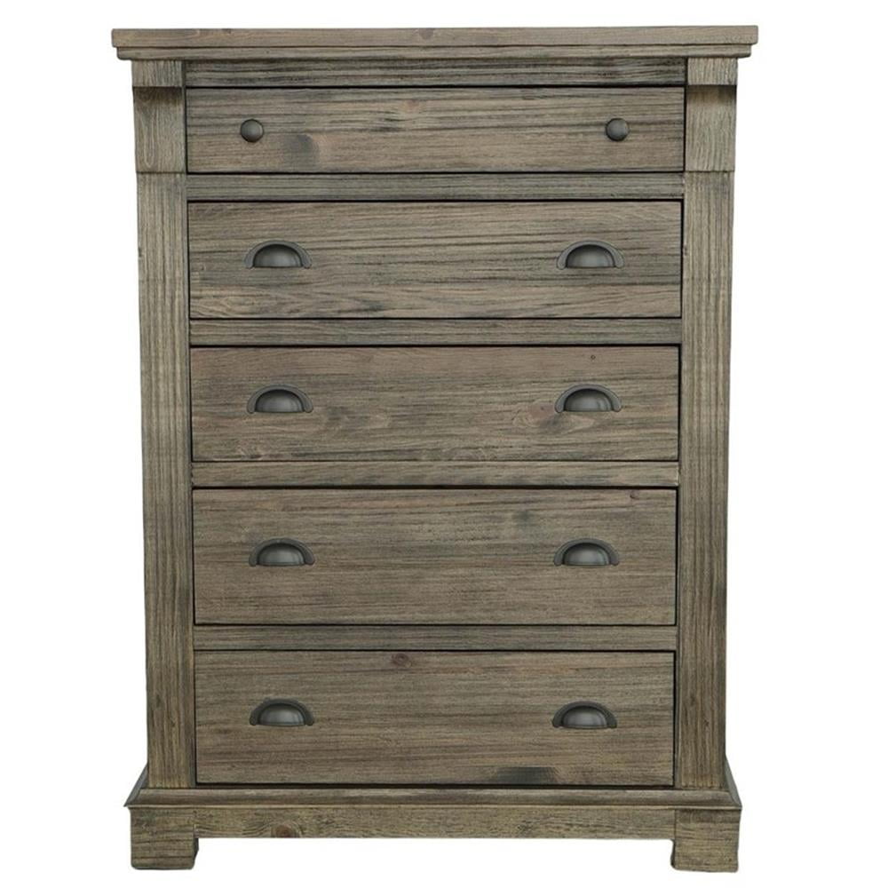 Weathered Gray Brown 5-Drawer Pine Wood Chest