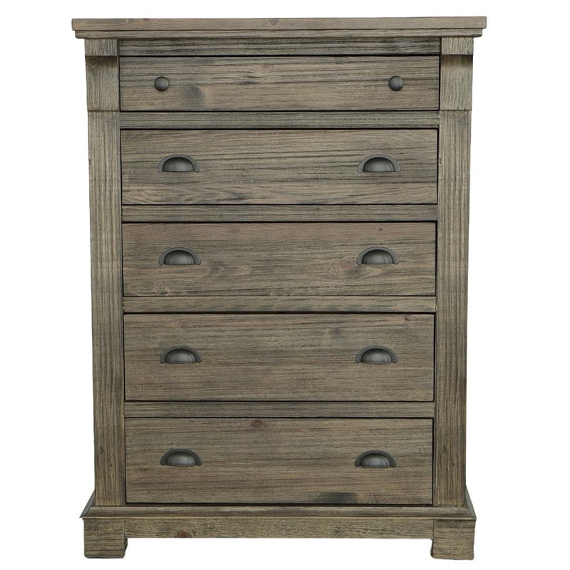 Weathered Gray Brown 5-Drawer Pine Wood Chest
