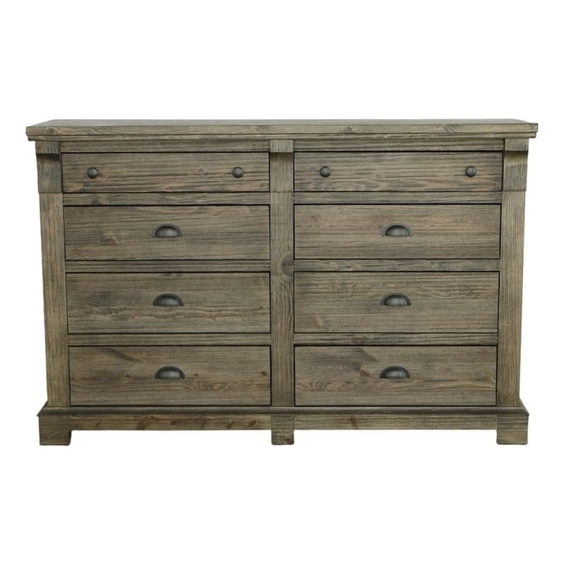 Weathered Gray Brown 8-Drawer Pine Wood Dresser