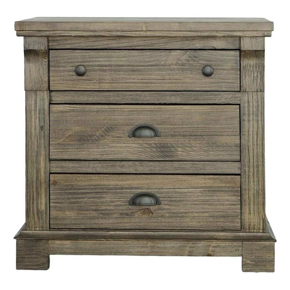 Weathered Gray Brown Pine 3-Drawer Nightstand