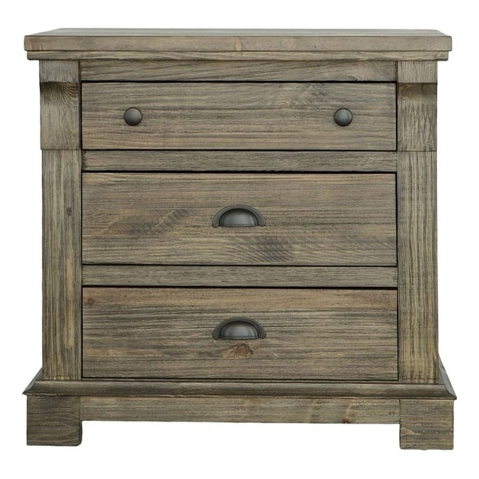 Weathered Gray Brown Pine 3-Drawer Nightstand